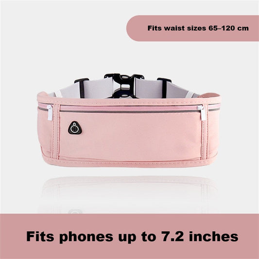 Pink ECOTREK waterproof running belt with adjustable elastic strap and sweatproof storage bag for active waist support.