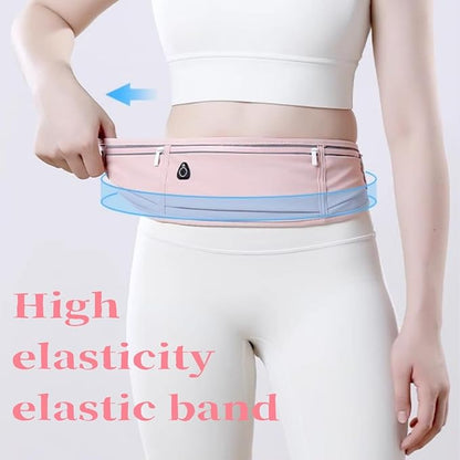 EcoTrek pink waterproof running belt with adjustable elastic strap, sweatproof waist storage bag for exercise and outdoor activities.