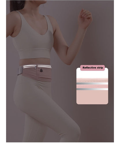 Pink ECOTREK running belt storage bag with waterproof, adjustable elastic strap for sweatproof, hands-free exercise convenience.