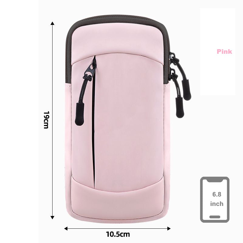 Pink waterproof ECOTREK running armband with two pockets for phone storage, fits up to 6.8-inch smartphones during gym or outdoor workouts.