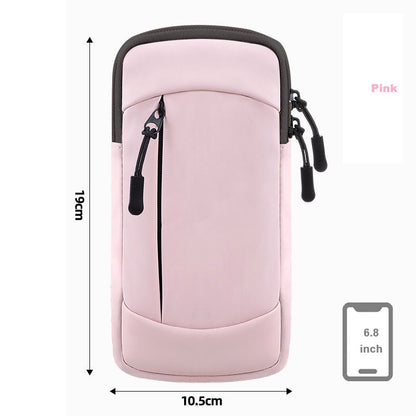 Pink waterproof ECOTREK running armband with two pockets for phone storage, fits up to 6.8-inch smartphones during gym or outdoor workouts.