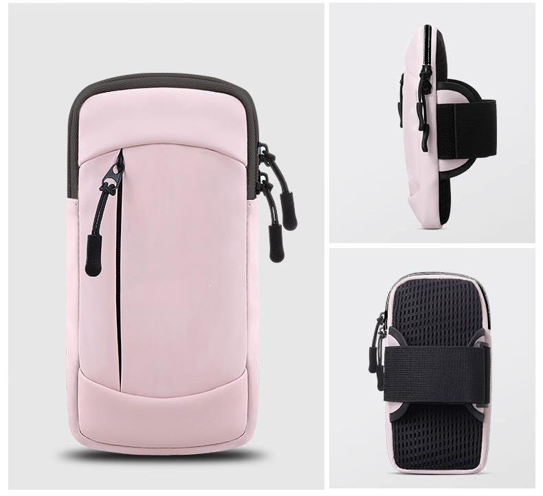 Pink ECOTREK waterproof running armband phone holder with two pockets, fits up to 6.8-inch phones for gym and outdoor exercise.