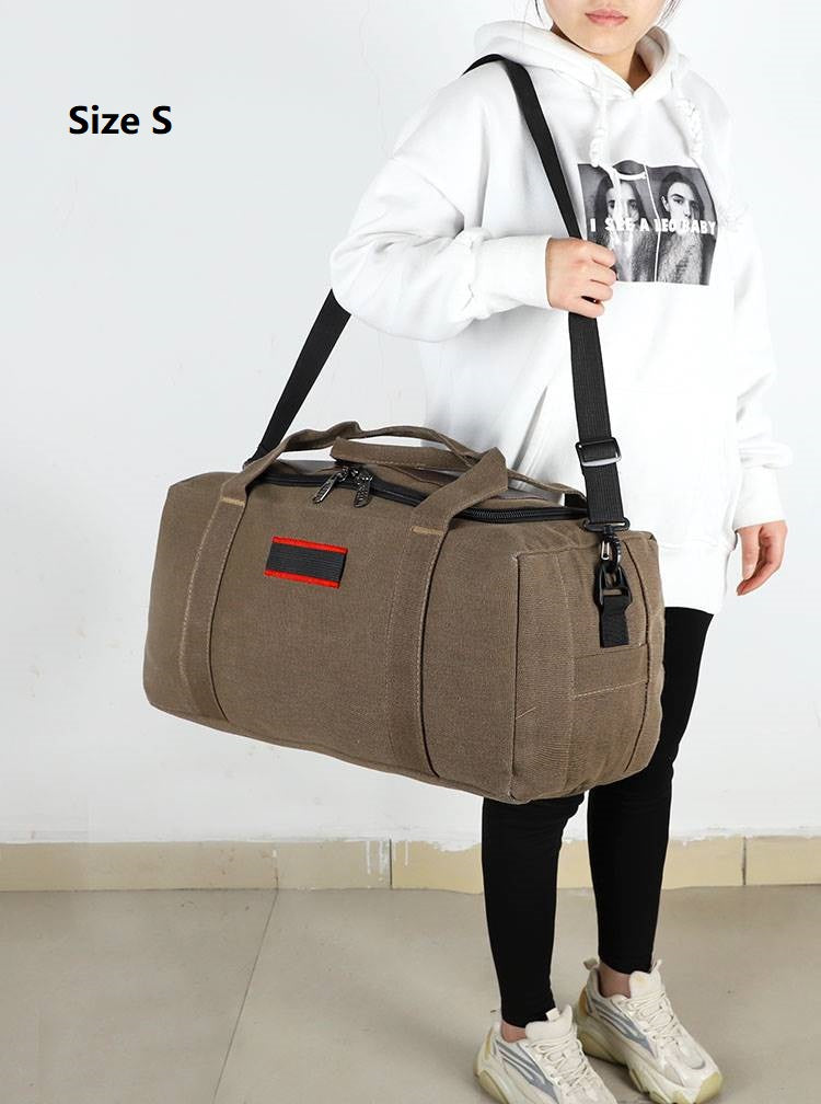 ECOTREK canvas storage bag with high capacity for travel, camping, and moving, shown filled with clothes and gear in a home setting.
