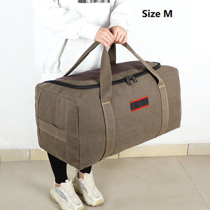 ECOTREK canvas storage bag for travel, camping, and moving; high-capacity luggage with durable fabric and multiple compartments.