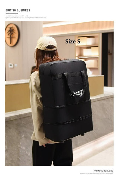 ECOTREK high-capacity foldable storage bag with wheels for airline checked luggage, featuring multiple compartments and durable fabric.