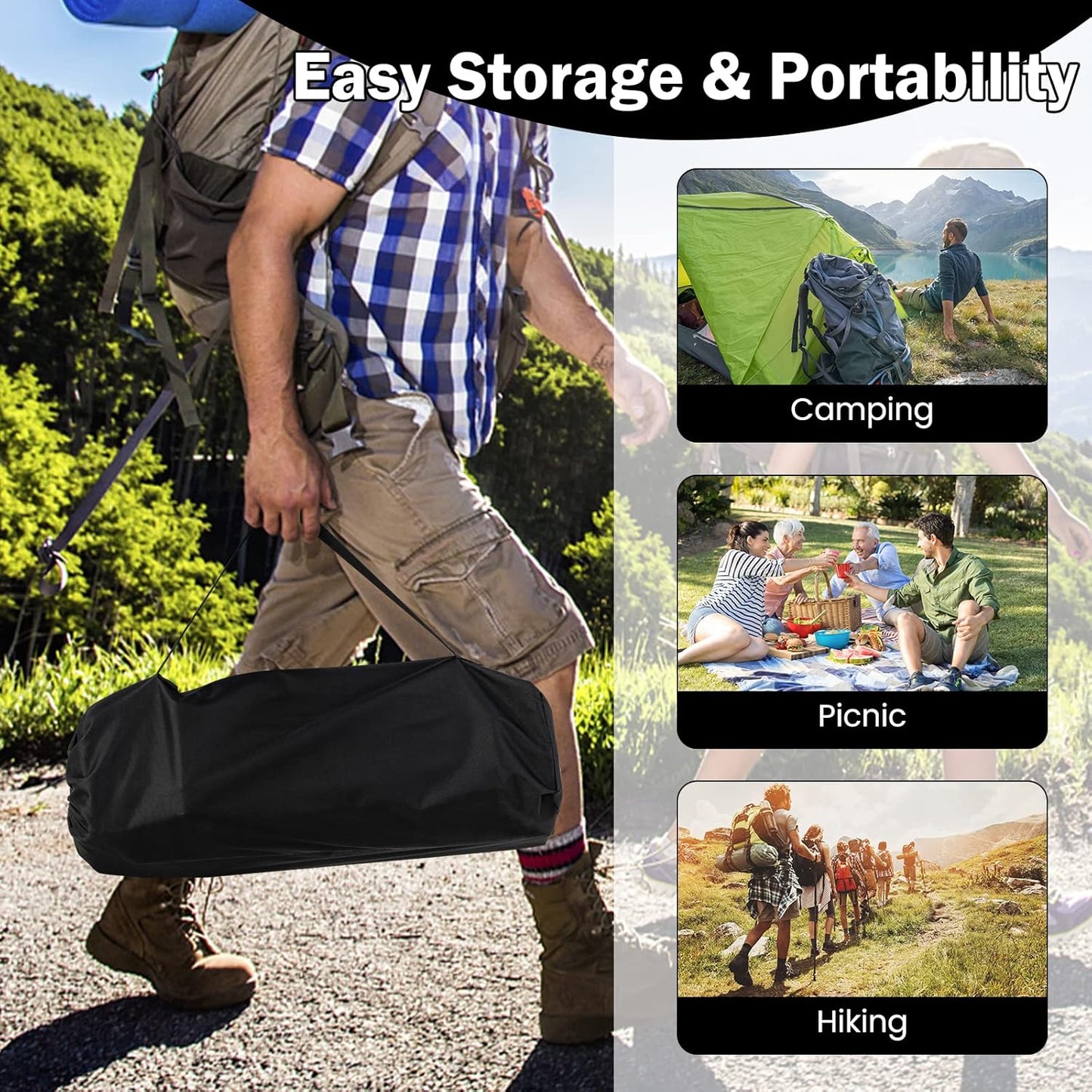 Black ECOTREK 120 cm portable folding camping table for outdoor cooking and picnics, roll-up design for easy transport.