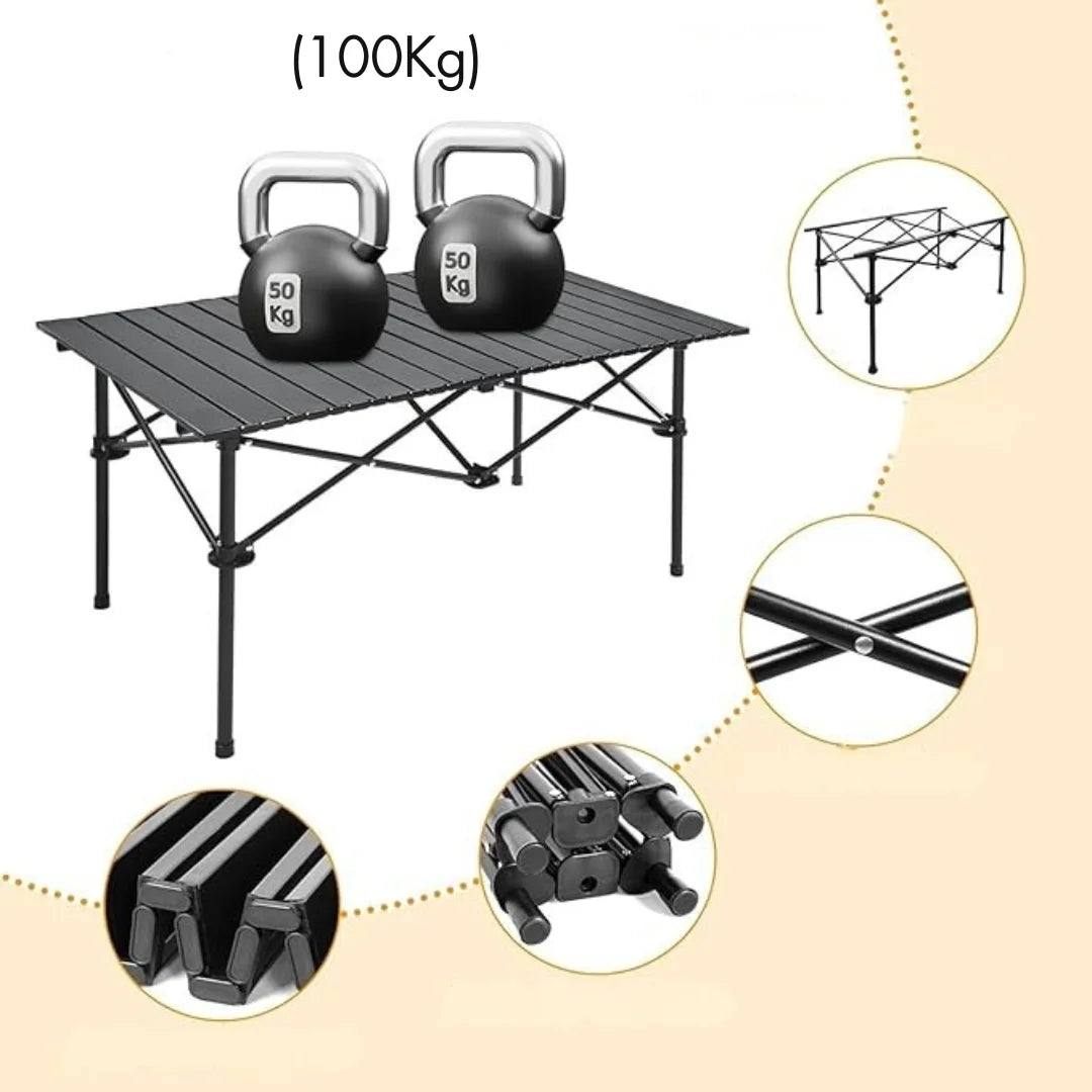 Black 120 cm portable folding camping table by ECOTREK, ideal for outdoor cooking, picnics, and camping activities.
