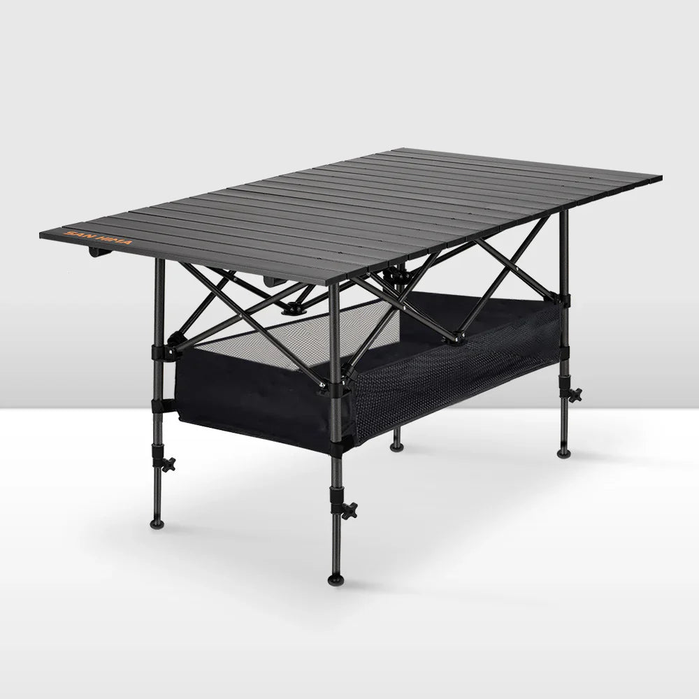 Black ECOTREK folding camping table, adjustable and portable outdoor table, 95cm in length, suitable for camping and outdoor activities.