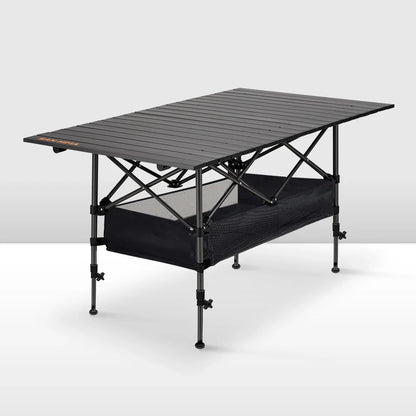Black ECOTREK folding camping table, adjustable and portable outdoor table, 95cm in length, suitable for camping and outdoor activities.