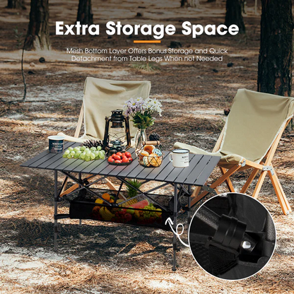 Black ECOTREK folding camping table, adjustable and portable outdoor table, 95cm in size, suitable for camping and outdoor activities.