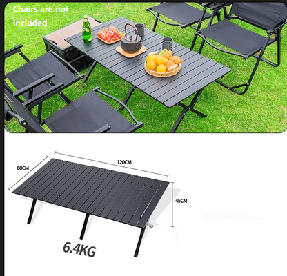 Black portable outdoor folding table by ECOTREK, egg roll style, 120cm length, lightweight and collapsible for easy transport.