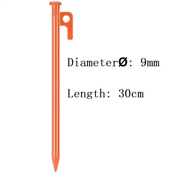 Orange heavy-duty steel tent stakes, 30cm metal tent pegs, ECOTREK tent accessories for secure outdoor ground anchoring.