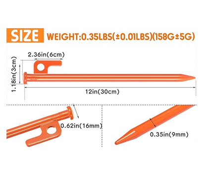 Orange heavy-duty steel tent stakes from ECOTREK, 30cm metal tent pegs for secure camping and outdoor tent setup.
