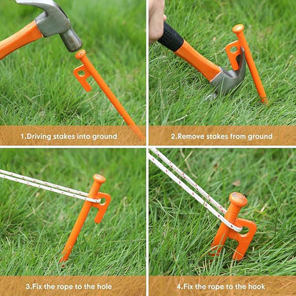 Orange heavy-duty steel tent stakes, 30cm metal tent pegs from ECOTREK, used for securing tents in outdoor camping setups.
