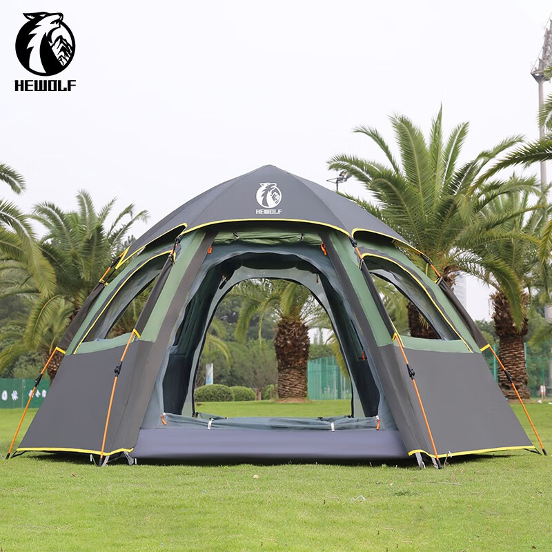 Beige ECOTREK large hexagon double-layer waterproof camping tent set up outdoors with open flaps and sturdy structure.