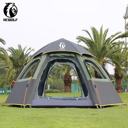 Beige ECOTREK large hexagon double-layer waterproof camping tent set up outdoors with open flaps and sturdy structure.