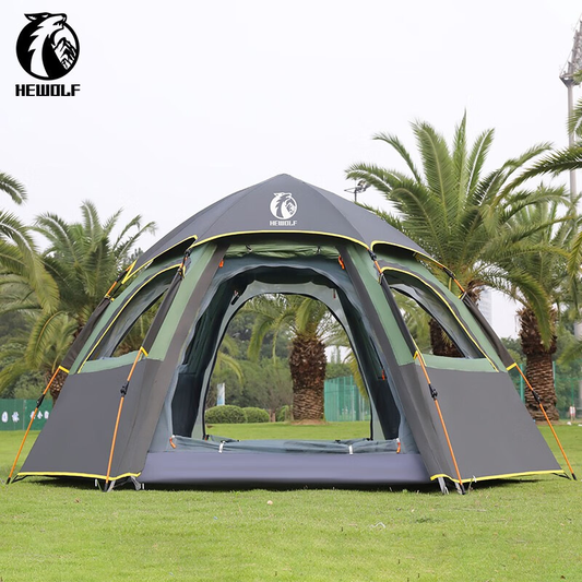 Beige ECOTREK large hexagon double-layer waterproof camping tent set up outdoors with open flaps and sturdy structure.