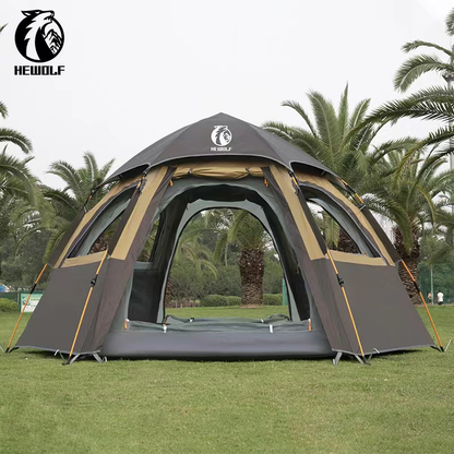 Beige large hexagon double-layer waterproof camping tent by ECOTREK, designed for outdoor camping adventures.