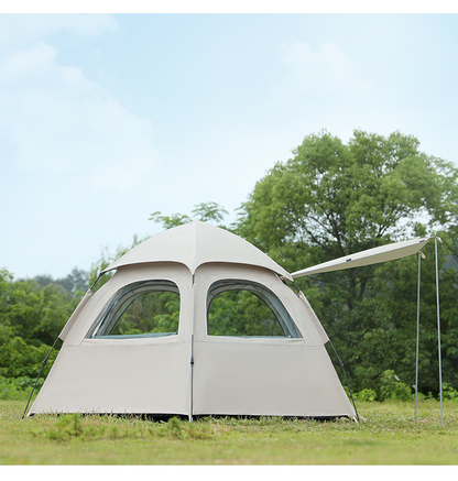 Beige ECOTREK large hexagon double-layer waterproof camping tent set up outdoors with visible waterproof fabric and spacious design.