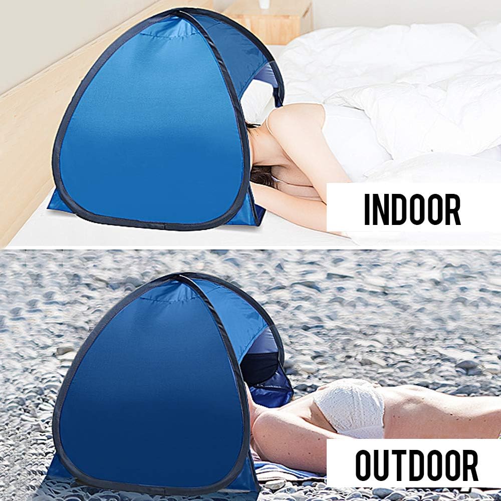 Blue ECOTREK mini beach sun shade canopy tent, instant pop-up tent for sun protection at the beach.