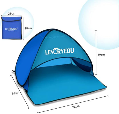 Blue ECOTREK mini beach sun shade canopy tent, instant pop-up design providing shade and protection at the beach.