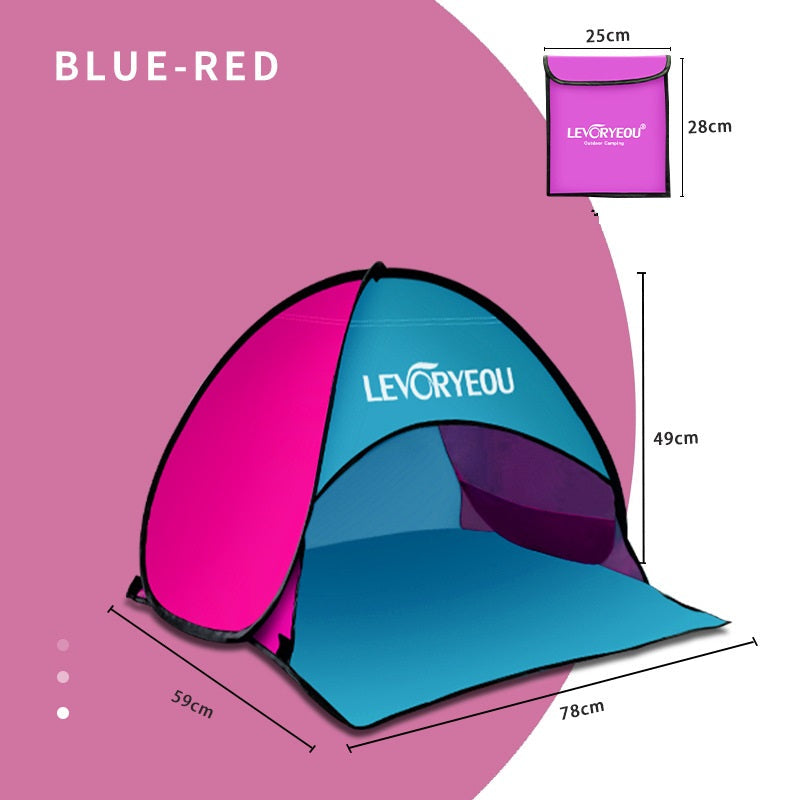 Blue ECOTREK mini beach sun shade canopy tent, compact and portable pop-up tent for sun protection at the beach.