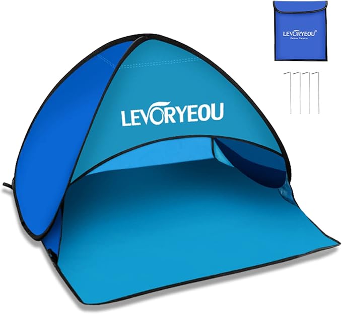 Blue ECOTREK mini beach sun shade canopy tent, portable pop-up tent for sun protection at the beach.