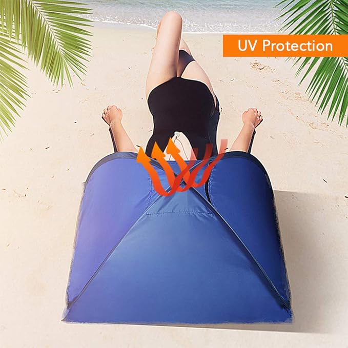 Blue ECOTREK mini beach sun shade canopy tent, instant pop-up design, provides quick sun protection for outdoor activities.