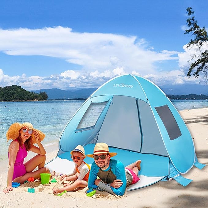 Blue ECOTREK pop-up beach tent sun shelter with easy setup, portable design, ideal for outdoor beach fun and shade protection.