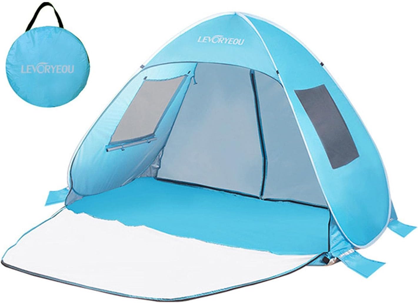 Blue ECOTREK pop-up beach tent sun shelter with easy setup and portable design for outdoor shade and sun protection.