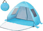 Blue ECOTREK pop-up beach tent sun shelter with easy setup and portable design for outdoor shade and sun protection.