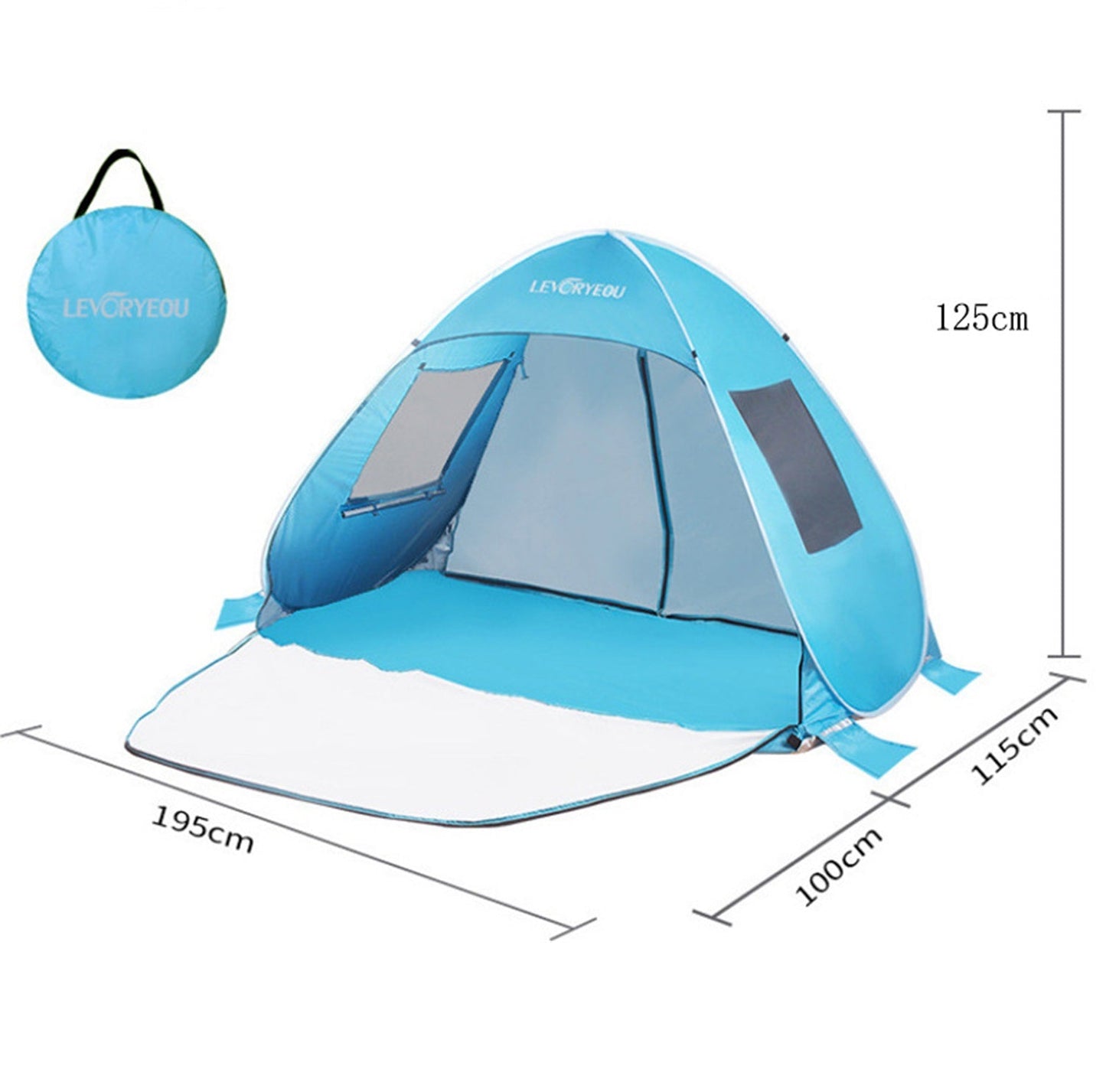 Blue ECOTREK pop-up beach tent sun shelter, portable and easy to set up, provides shade and protection at the beach.