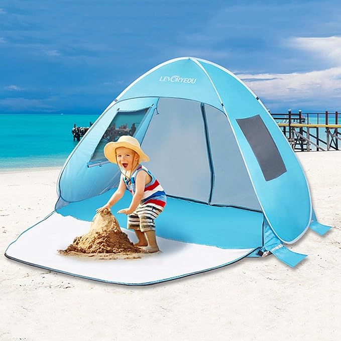 Blue ECOTREK pop-up beach tent sun shelter with easy setup, portable design, and lightweight fabric for outdoor seaside protection.