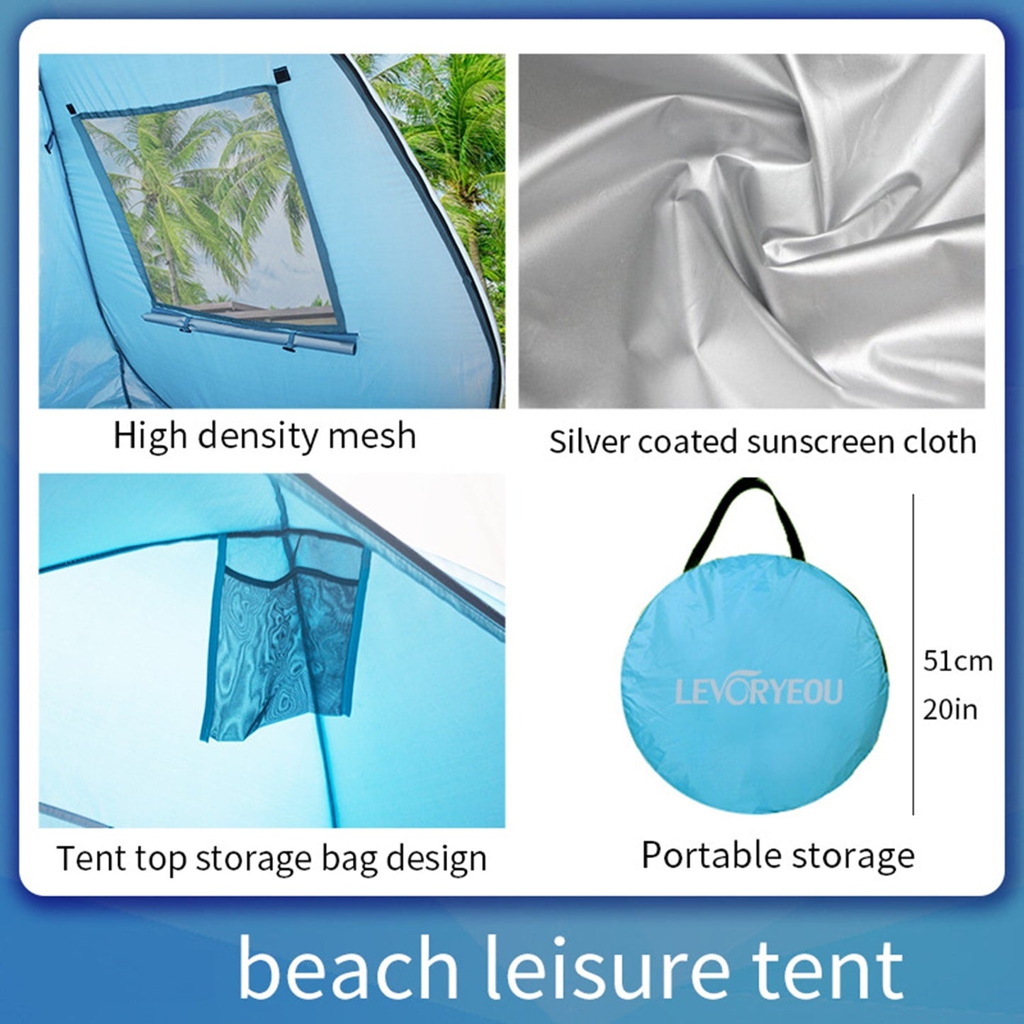 Blue ECOTREK pop-up beach tent sun shelter, portable and easy to set up, providing shade and protection at the beach