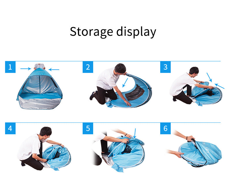 Blue ECOTREK pop-up beach tent sun shelter with easy setup and portable design, ideal for outdoor sun protection at the beach.
