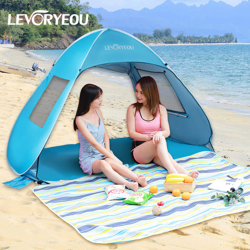 Blue ECOTREK pop-up beach tent sun shelter with easy setup and portable design for outdoor shade and protection.