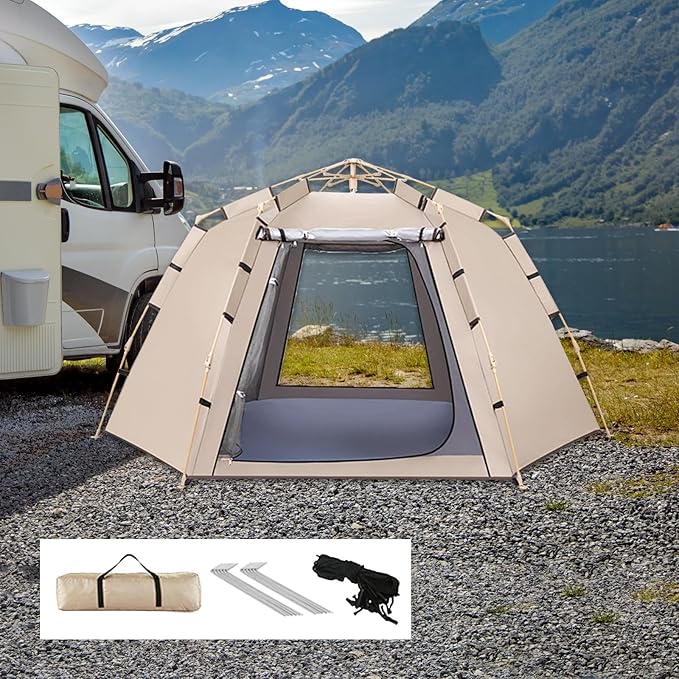 ECOTREK hexagonal camping tent for 2-3 persons, quick setup, lightweight outdoor tent with durable fabric and easy assembly.