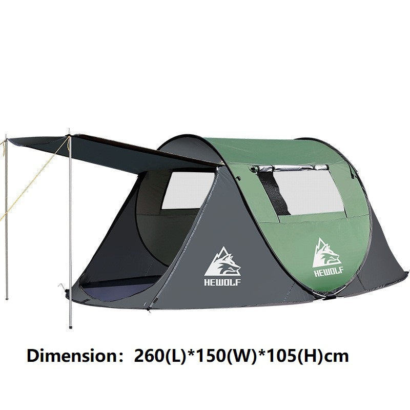 Green boat-shaped pop-up camping tent by ECOTREK, large size 260cm long, 150cm wide, 105cm high, set up outdoors.