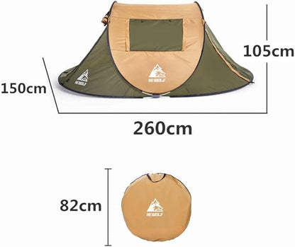 Green ECOTREK boat-shaped pop-up camping tent, large size with 260cm length, 150cm width, and 105cm height, set up outdoors.