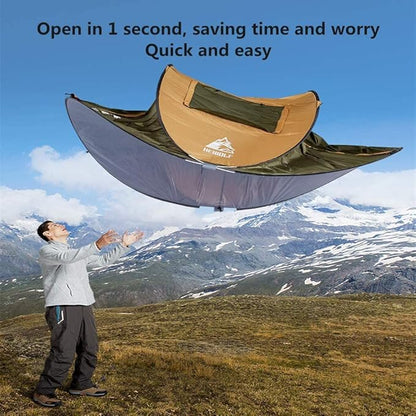 Green boat-shaped pop-up camping tent by ECOTREK, large size measures 260cm long, 150cm wide, and 105cm high.