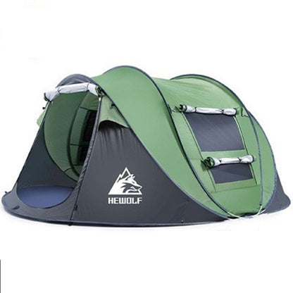 Green boat-shaped pop-up camping tent by ECOTREK, large 280cm length, 200cm width, 120cm height, easy to set up for outdoor camping.