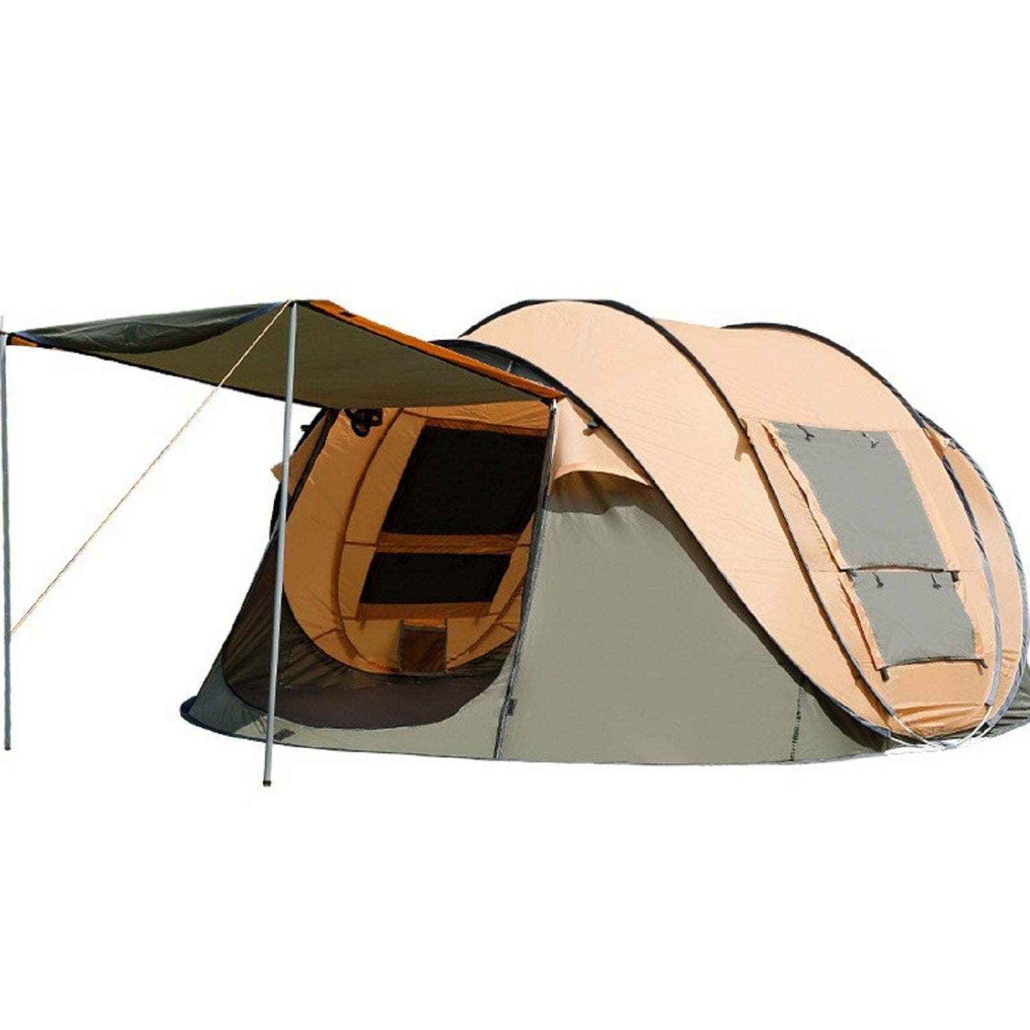 Green boat-shaped ECOTREK pop-up camping tent, large size with 280cm length, 200cm width, and 120cm height, set up outdoors.