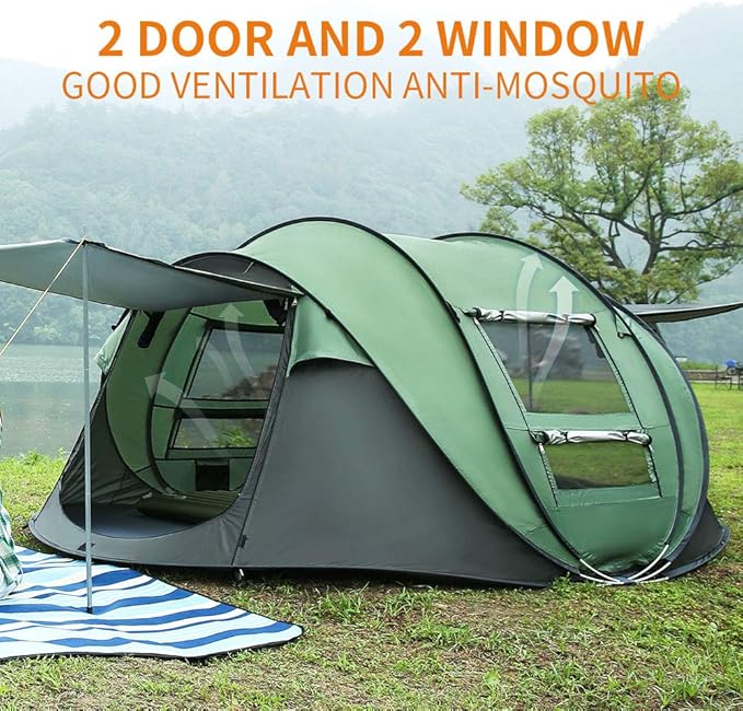 Green boat-shaped ECOTREK pop-up camping tent, large size with 280cm length, 200cm width, and 120cm height, set up outdoors.