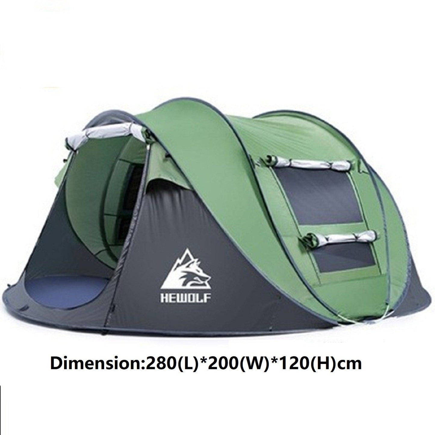 Green boat-shaped ECOTREK pop-up camping tent, large 280x200x120cm, with open door showing spacious interior and colorful design.