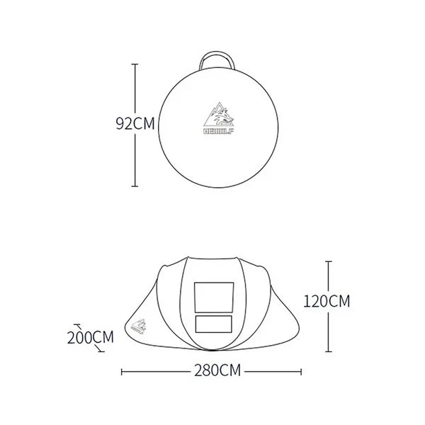 Green boat-shaped ECOTREK pop-up camping tent, large size with 280cm length, 200cm width, and 120cm height, set up outdoors.