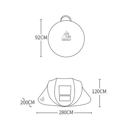 Green boat-shaped ECOTREK pop-up camping tent, large size with 280cm length, 200cm width, and 120cm height, set up outdoors.