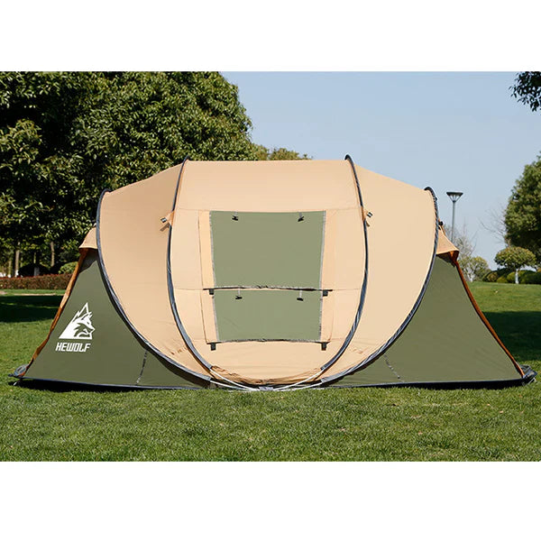 Green boat-shaped pop-up camping tent by ECOTREK, large size 280cm long, 200cm wide, 120cm high, set up outdoors.