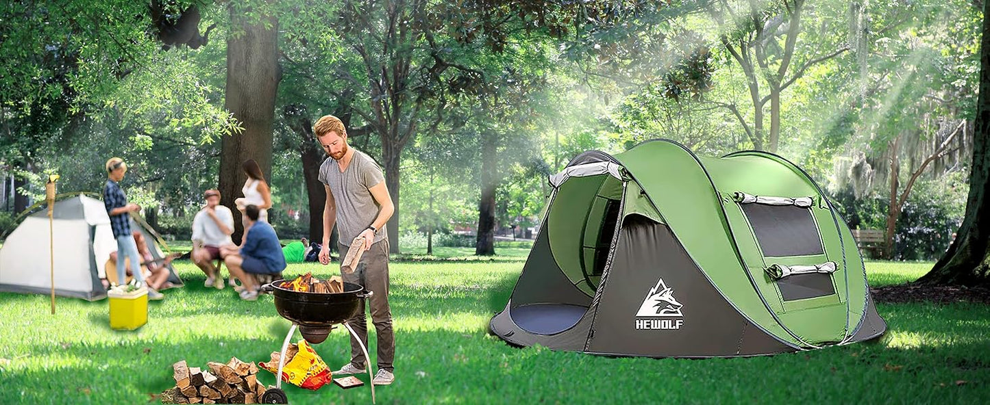 Green boat-shaped ECOTREK pop-up camping tent, large 280cm length, 200cm width, 120cm height, set up outdoors.