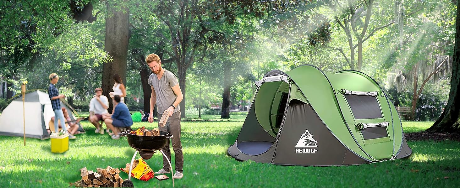 Green boat-shaped ECOTREK pop-up camping tent, large 280cm length, 200cm width, 120cm height, set up outdoors.