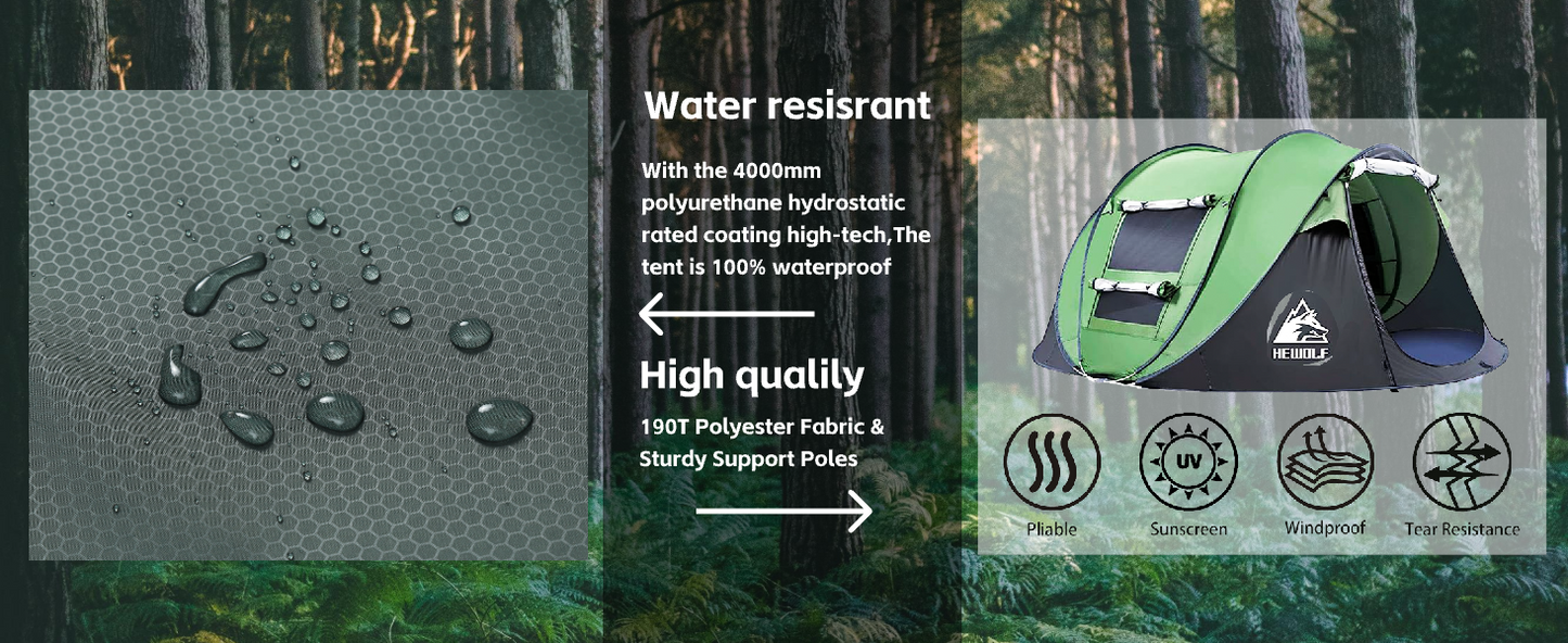 Green boat-shaped ECOTREK pop-up camping tent with large dimensions, featuring a spacious interior and easy setup.